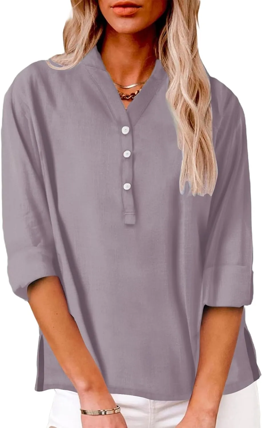 Linen Shirts for Women Button Down Shirts Short Sleeve Cotton Collared V Neck Solid Casual Blouses with Pockets