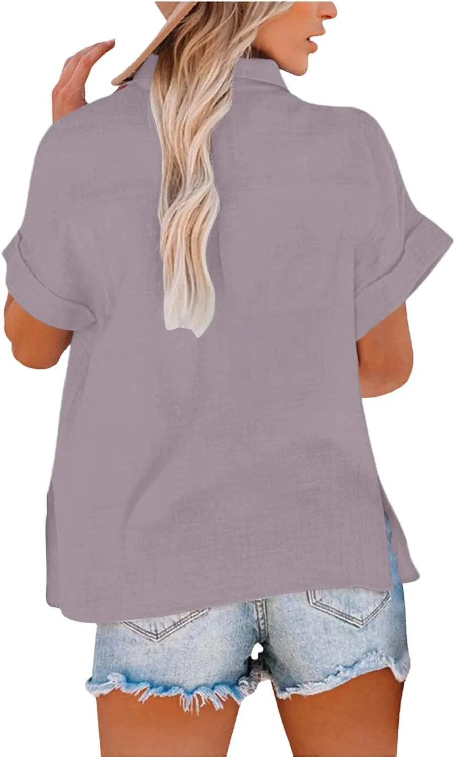 Linen Shirts for Women Button Down Shirts Short Sleeve Cotton Collared V Neck Solid Casual Blouses with Pockets