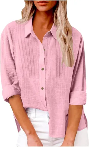 Linen Shirts for Women Plus Size Button Down Cotton Gauze Tops Casual Tees Roll Up Long Sleeve Lapel Collar Blouses