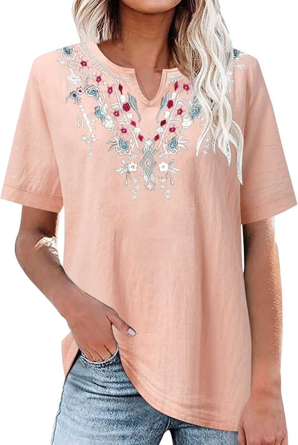 Linen Shirts for Women Short Sleeve Fashion Solid Color Blouses Trendy Loose Fit V-Neck T-Shirts Summer Clothes