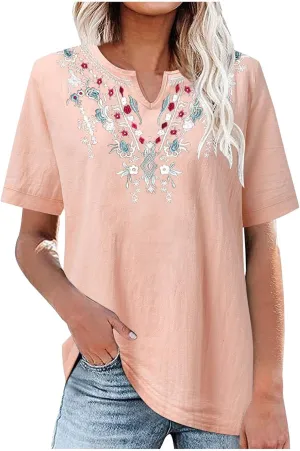 Linen Shirts for Women Short Sleeve Fashion Solid Color Blouses Trendy Loose Fit V-Neck T-Shirts Summer Clothes