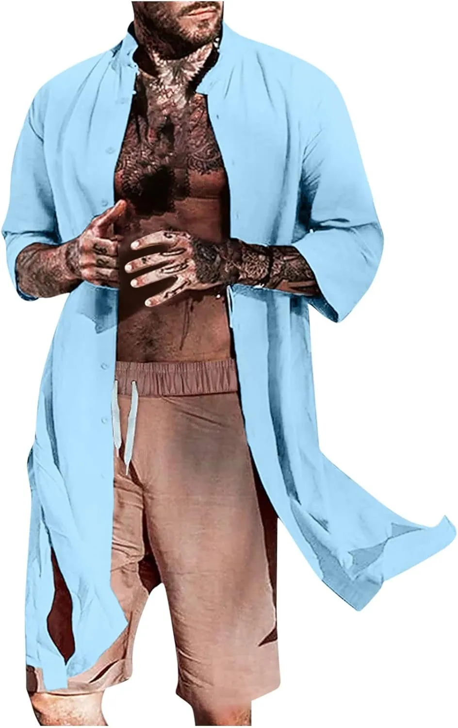Linen Shirts Men Loose Band Collar Solid Color Long Sleeve Casual Cardigan Tops Loose Trendy Cotton Linen Tees Shirt