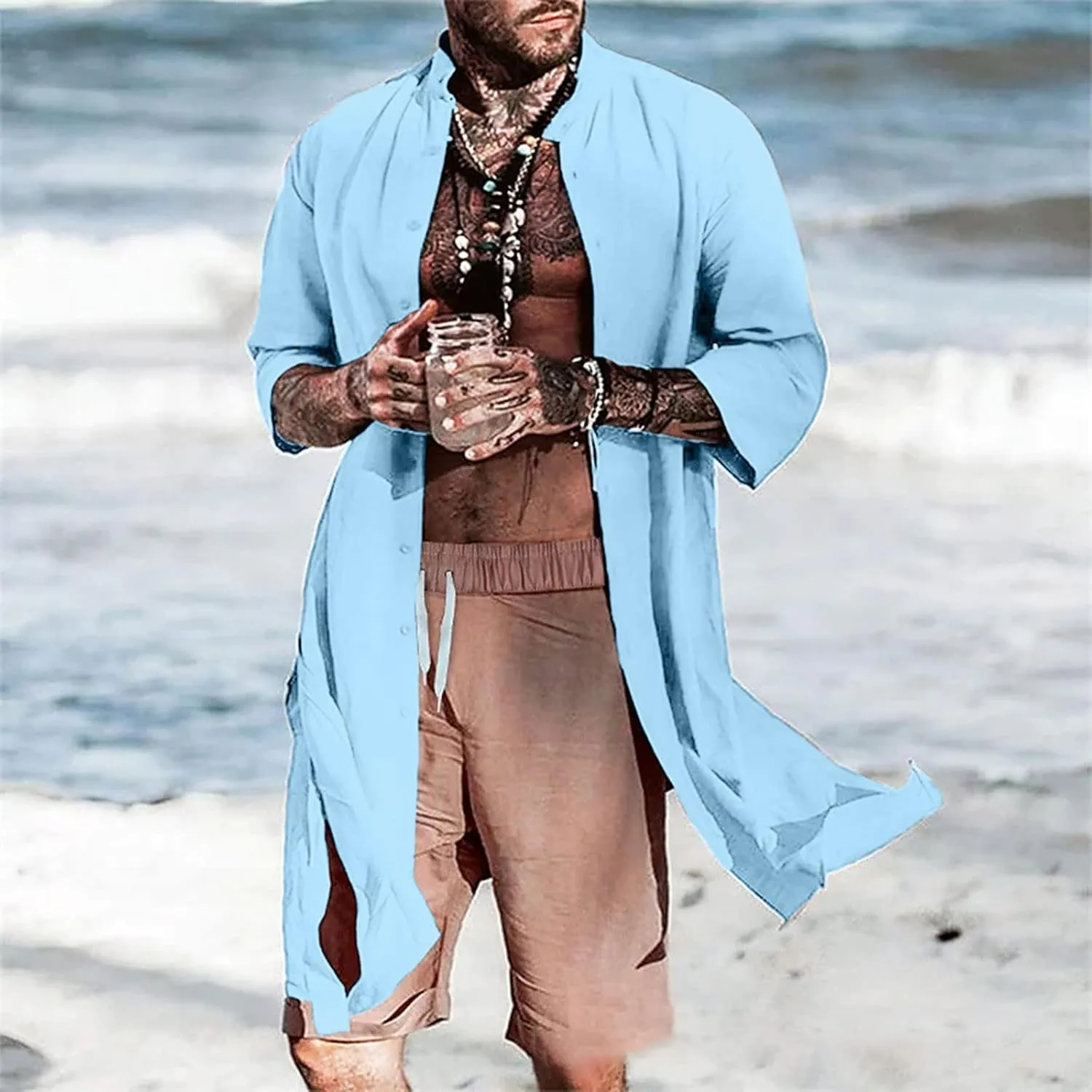 Linen Shirts Men Loose Band Collar Solid Color Long Sleeve Casual Cardigan Tops Loose Trendy Cotton Linen Tees Shirt