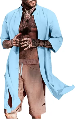 Linen Shirts Men Loose Band Collar Solid Color Long Sleeve Casual Cardigan Tops Loose Trendy Cotton Linen Tees Shirt