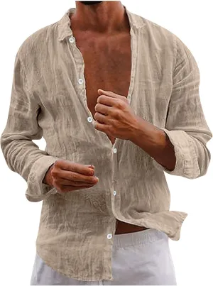 Linen T-Shirt for Men Solid Color Button Down Beach Shirts Top Long Sleeves Casual Lapel Comfy Cotton Tees Blouse