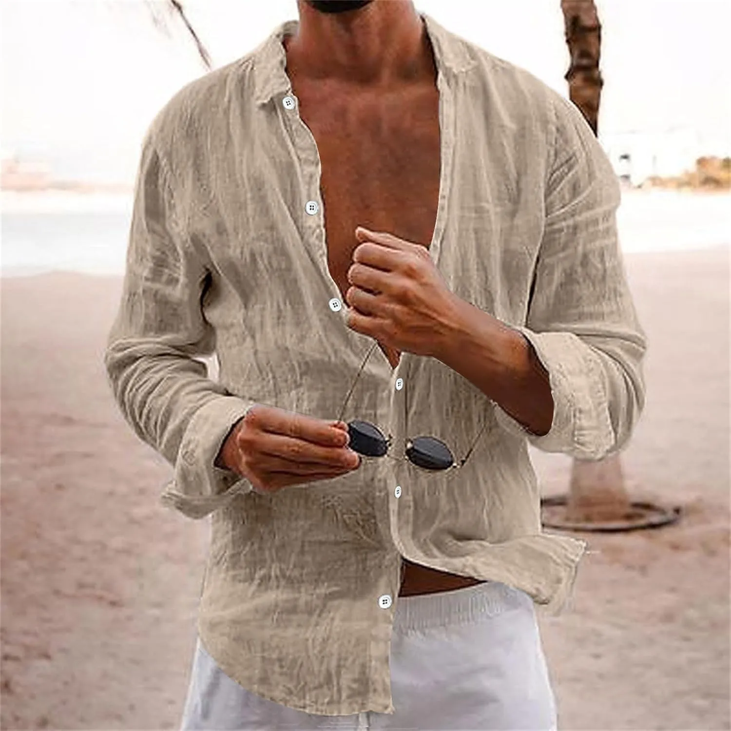 Linen T-Shirt for Men Solid Color Button Down Beach Shirts Top Long Sleeves Casual Lapel Comfy Cotton Tees Blouse