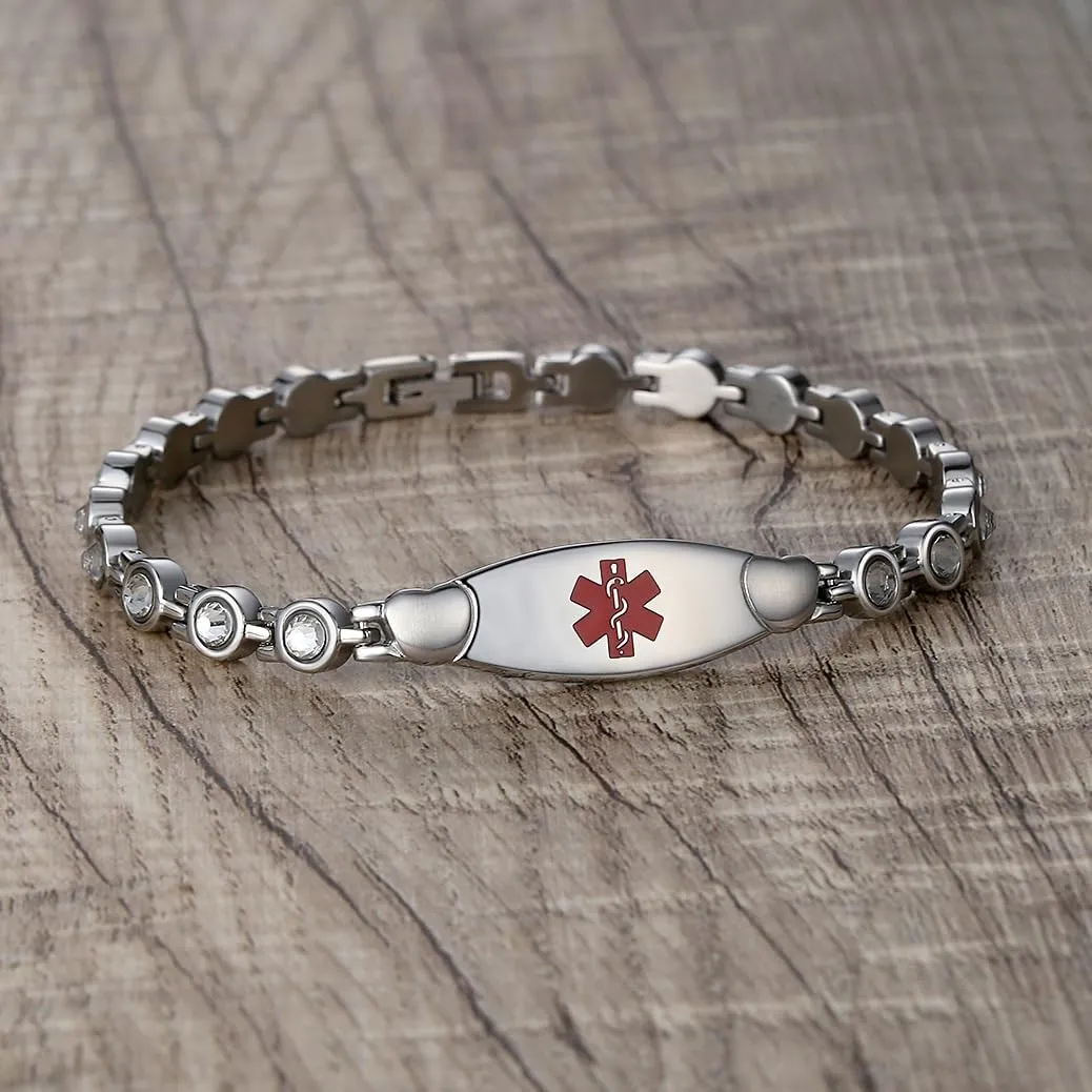 LinnaLove Fashion Shiny medical alert bracelet with Free Engraving Stainless steel Medical id bracelet for Women
