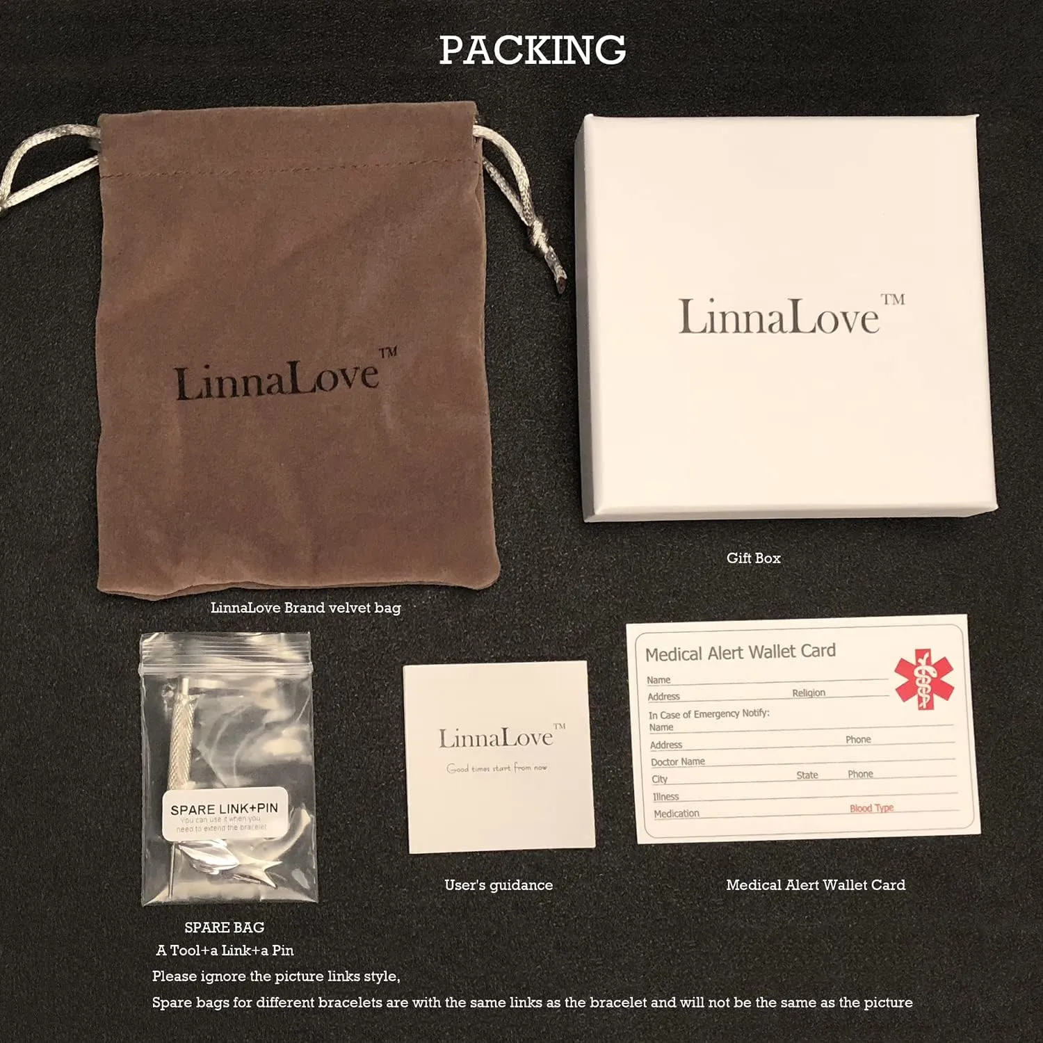 LinnaLove Fashion Shiny medical alert bracelet with Free Engraving Stainless steel Medical id bracelet for Women