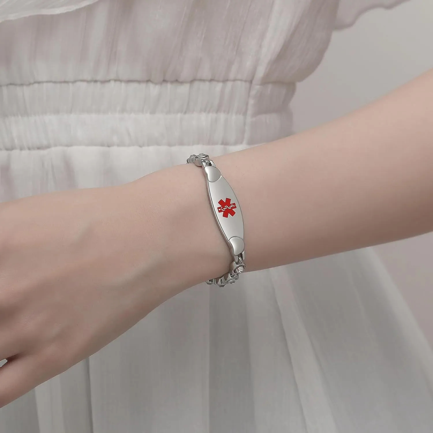 LinnaLove Fashion Shiny medical alert bracelet with Free Engraving Stainless steel Medical id bracelet for Women