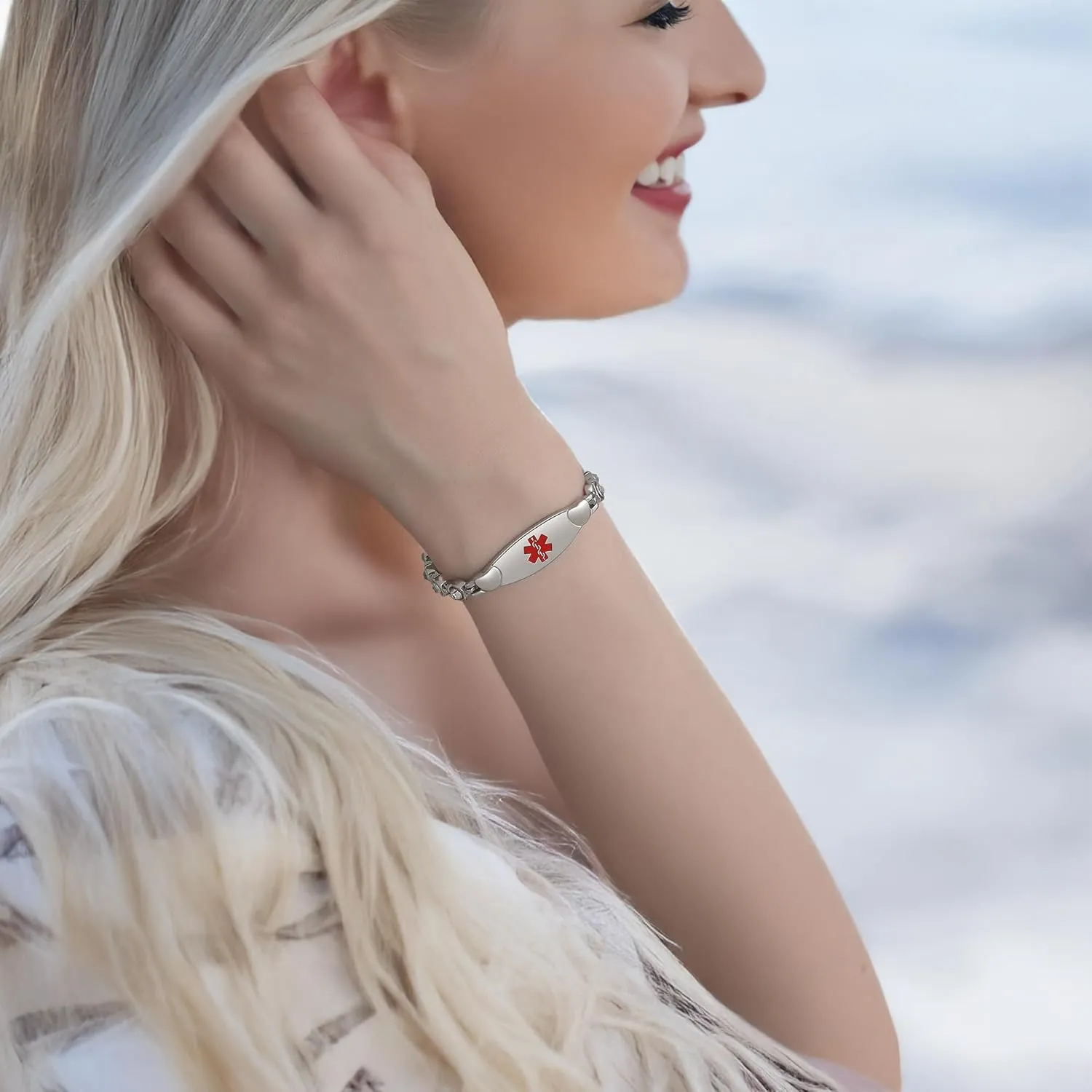 LinnaLove Fashion Shiny medical alert bracelet with Free Engraving Stainless steel Medical id bracelet for Women