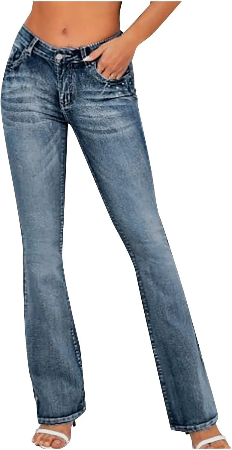Lmdudan Women's Low Waisted Stretch Flare Jeans Straight Leg Boyfriend Denim Pants 2024 Fashion Leggings with Pockets