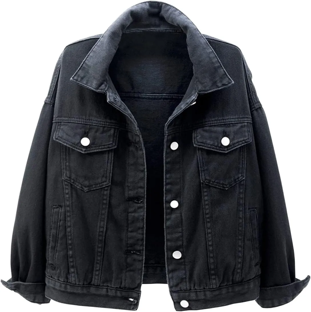 Locachy Women's Casual Denim Jacket Solid Color Basic Long Sleeve Jean Jacket Coat