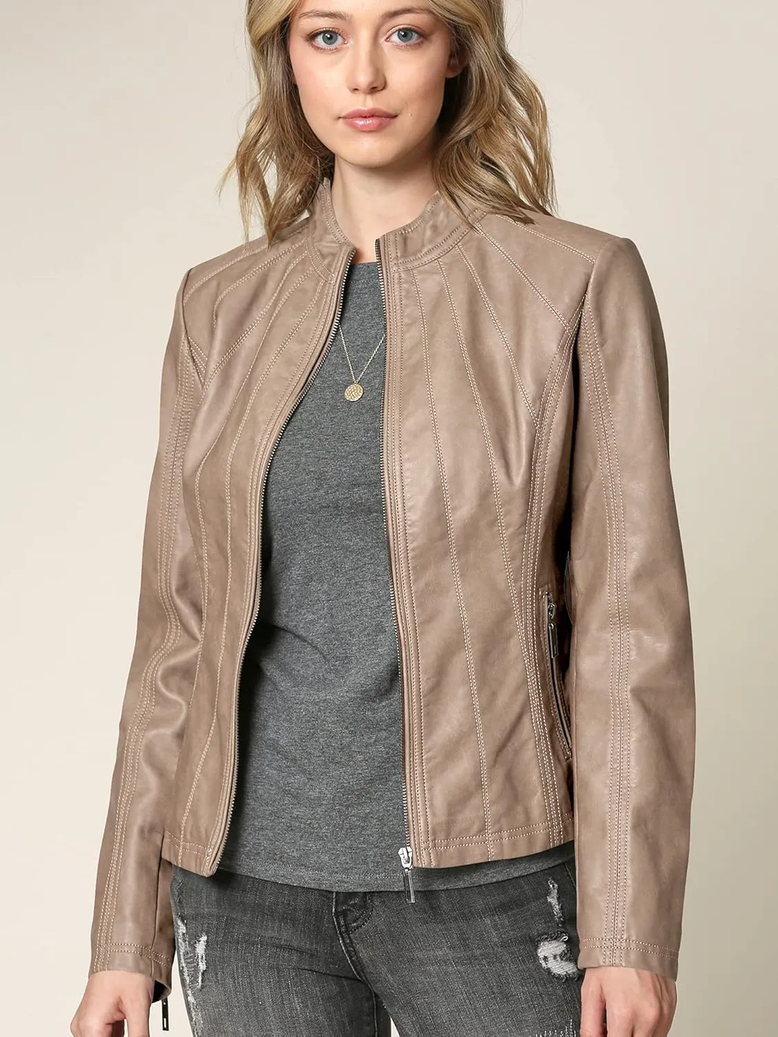 Lock and Love Slim Fit Stylish Vegan Leather Moto Jacket for Women - PU Biker Motorcycle Coat