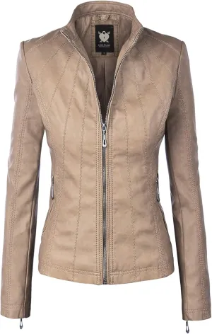 Lock and Love Slim Fit Stylish Vegan Leather Moto Jacket for Women - PU Biker Motorcycle Coat