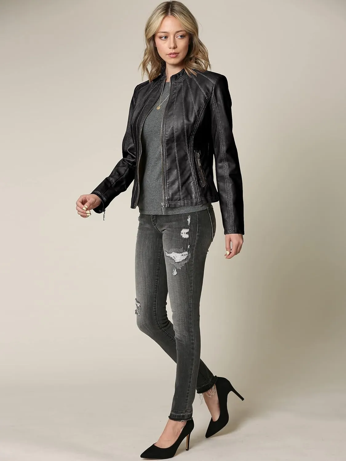 Lock and Love Women's Faux Leather Moto Biker Jacket Coat with Removable or Non-Removable Hood