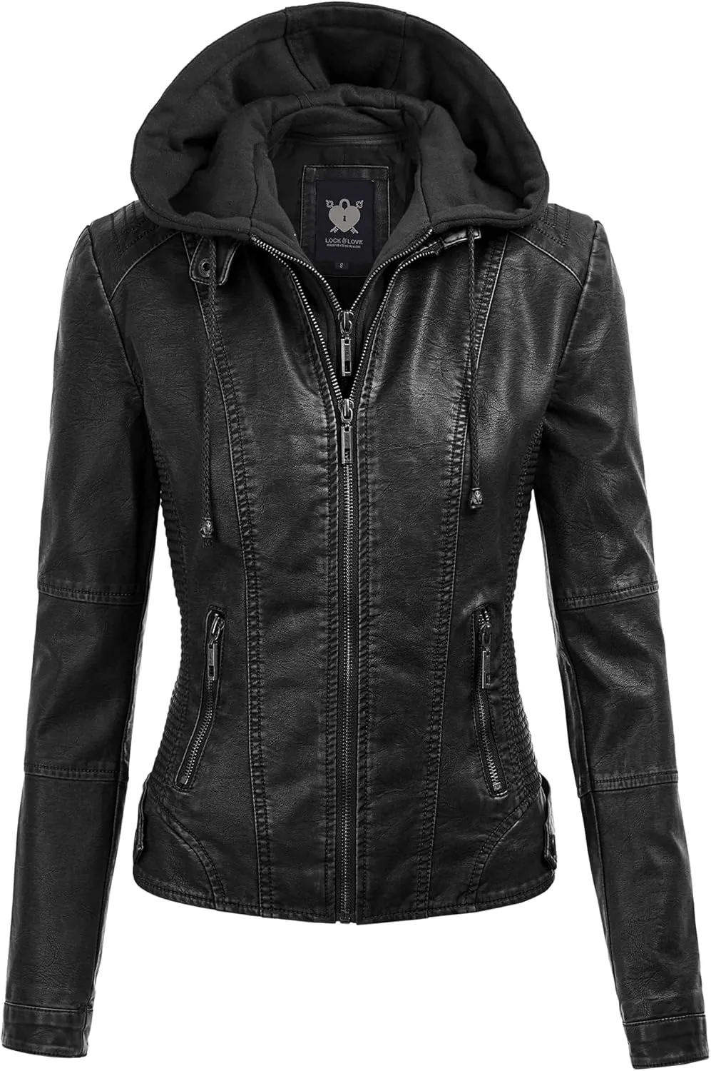Lock and Love Women's Faux Leather Moto Biker Jacket Coat with Removable or Non-Removable Hood