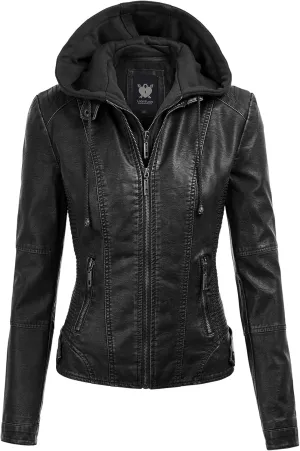 Lock and Love Women's Faux Leather Moto Biker Jacket Coat with Removable or Non-Removable Hood