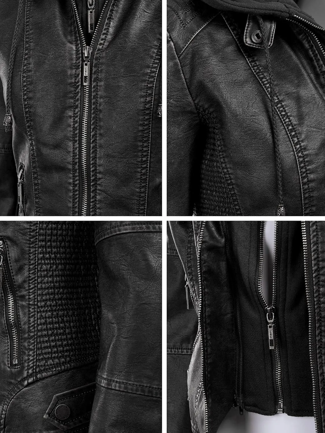Lock and Love Women's Faux Leather Moto Biker Jacket Coat with Removable or Non-Removable Hood
