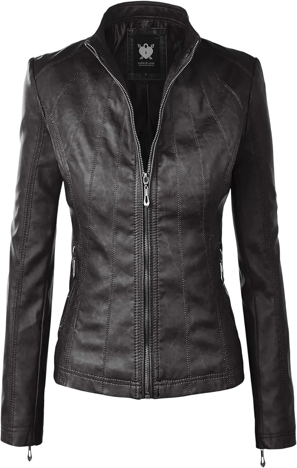 Lock and Love Women's Faux Leather Moto Biker Jacket Coat with Removable or Non-Removable Hood