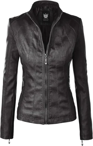 Lock and Love Women's Faux Leather Moto Biker Jacket Coat with Removable or Non-Removable Hood
