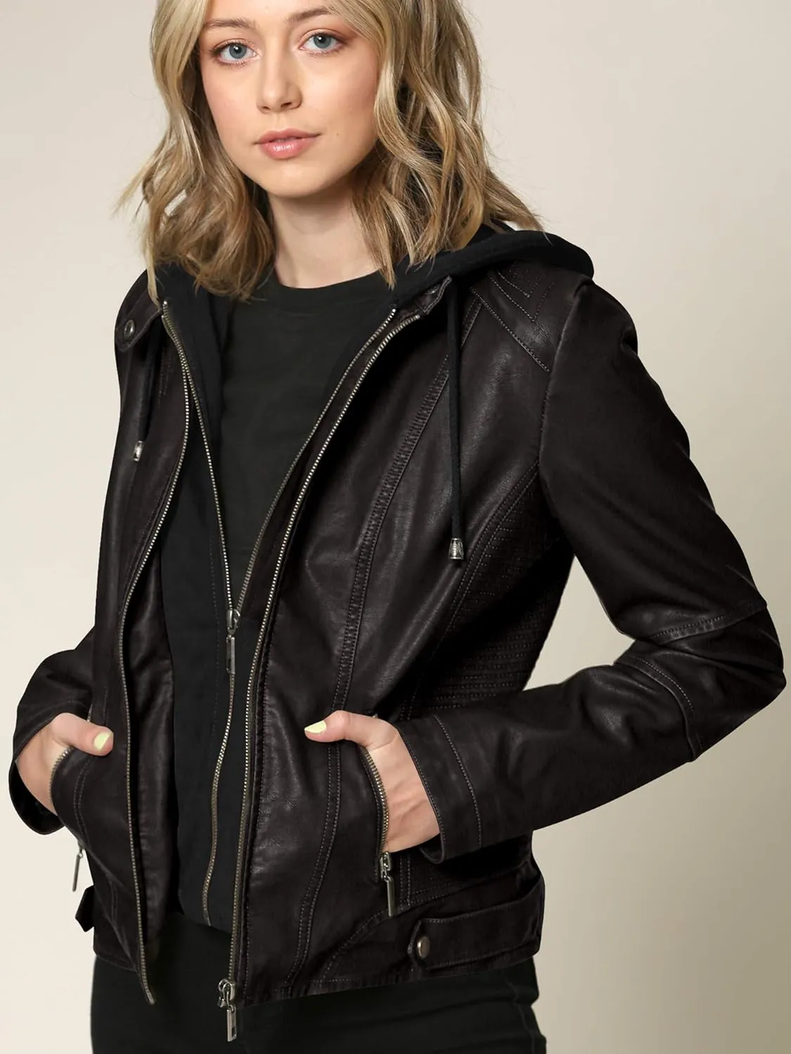 Lock and Love Women's Faux Leather Moto Biker Jacket Coat with Removable or Non-Removable Hood