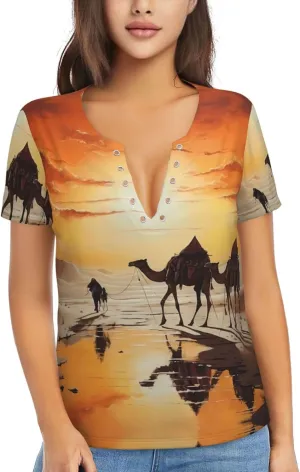 Lok Ling in The Evening Sun Pattern Sexy V-Neck Printed Short T-Shirt, Travel Portable Fitness Clothes, Home and Outdoor wear