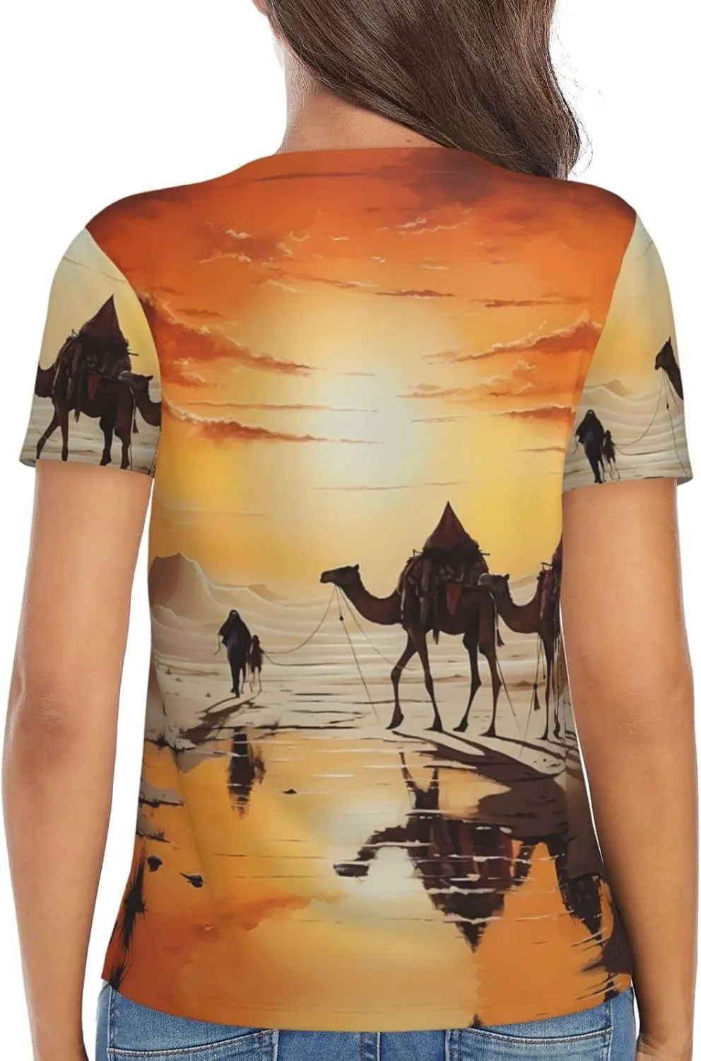 Lok Ling in The Evening Sun Pattern Sexy V-Neck Printed Short T-Shirt, Travel Portable Fitness Clothes, Home and Outdoor wear