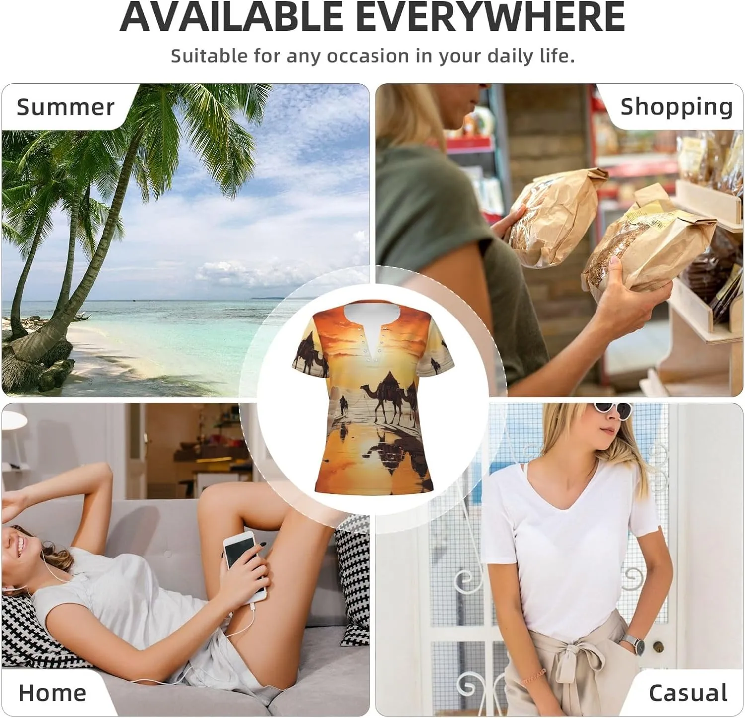 Lok Ling in The Evening Sun Pattern Sexy V-Neck Printed Short T-Shirt, Travel Portable Fitness Clothes, Home and Outdoor wear