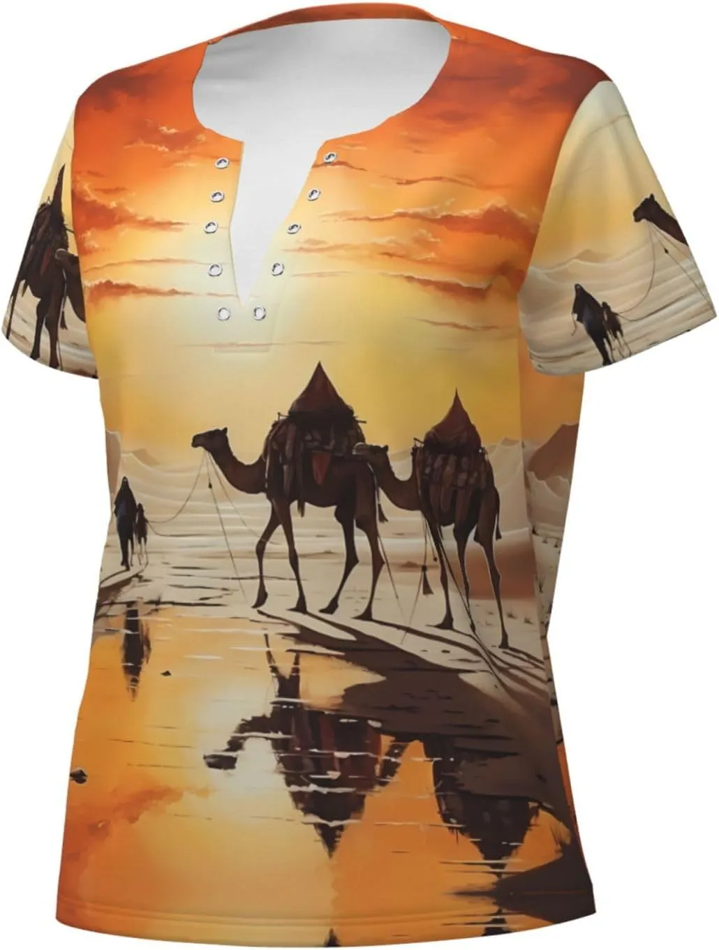 Lok Ling in The Evening Sun Pattern Sexy V-Neck Printed Short T-Shirt, Travel Portable Fitness Clothes, Home and Outdoor wear