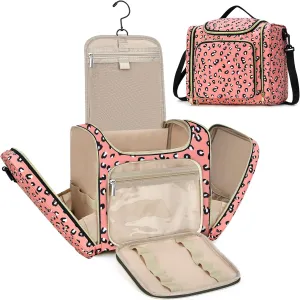 LOKASS Toiletry Bag for Women, Travel Makeup Cosmetic Bag with Hanging Hook for Shampoo Toiletries Full-size Container, Water-resistant Travel Organizer Bag Gift for Women (Large, Leopard)