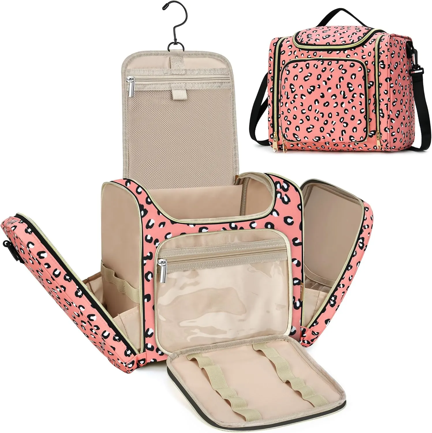 LOKASS Toiletry Bag for Women, Travel Makeup Cosmetic Bag with Hanging Hook for Shampoo Toiletries Full-size Container, Water-resistant Travel Organizer Bag Gift for Women (Large, Leopard)