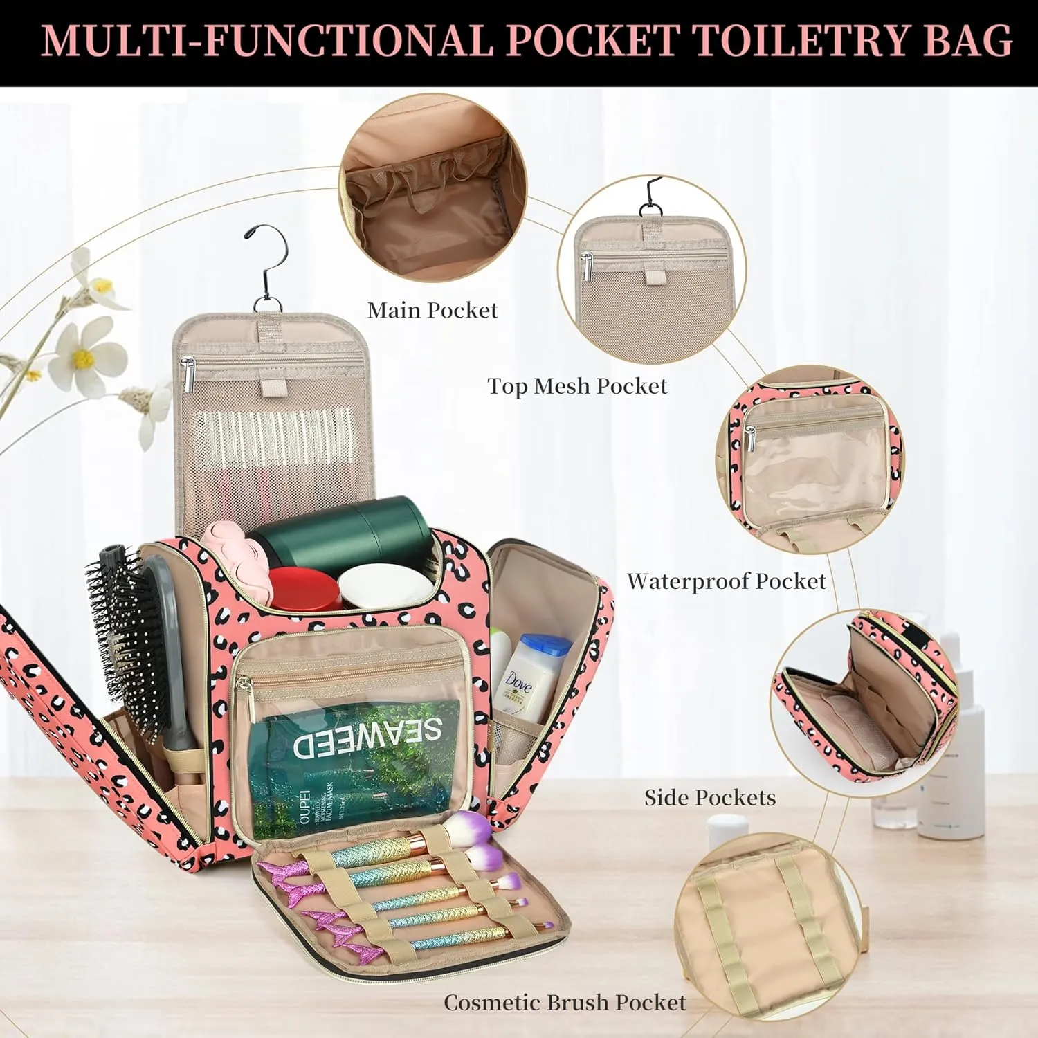 LOKASS Toiletry Bag for Women, Travel Makeup Cosmetic Bag with Hanging Hook for Shampoo Toiletries Full-size Container, Water-resistant Travel Organizer Bag Gift for Women (Large, Leopard)