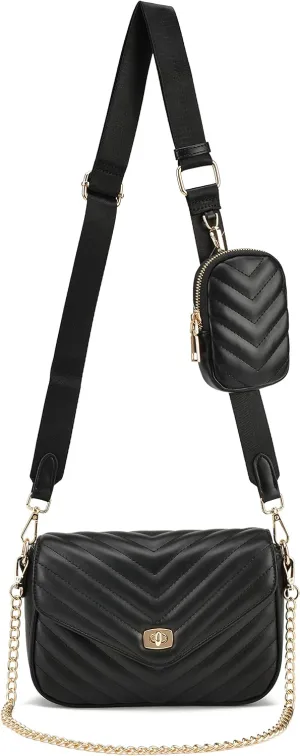 lola mae Quilted Crossbody Bags for Women Shoulder Handbag with Coin Purse Chain Strap Trendy Purse (Black-LM739)