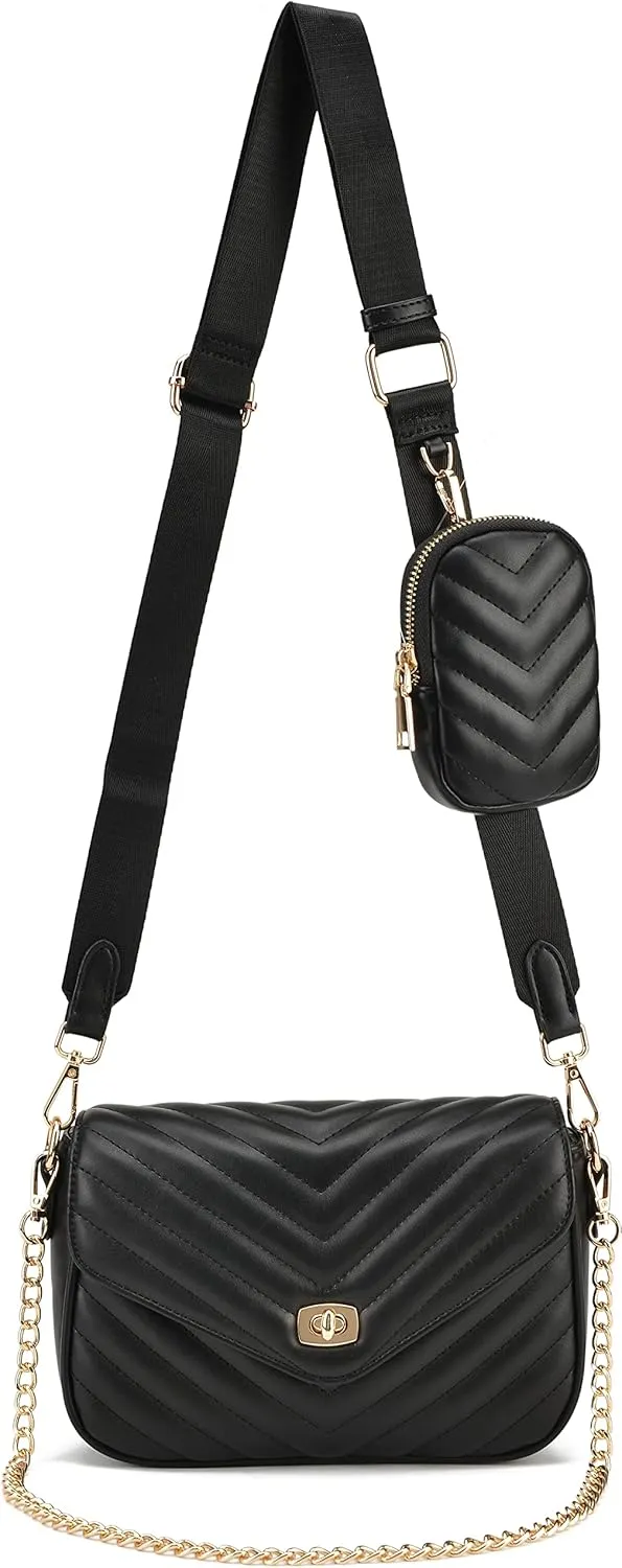 lola mae Quilted Crossbody Bags for Women Shoulder Handbag with Coin Purse Chain Strap Trendy Purse (Black-LM739)