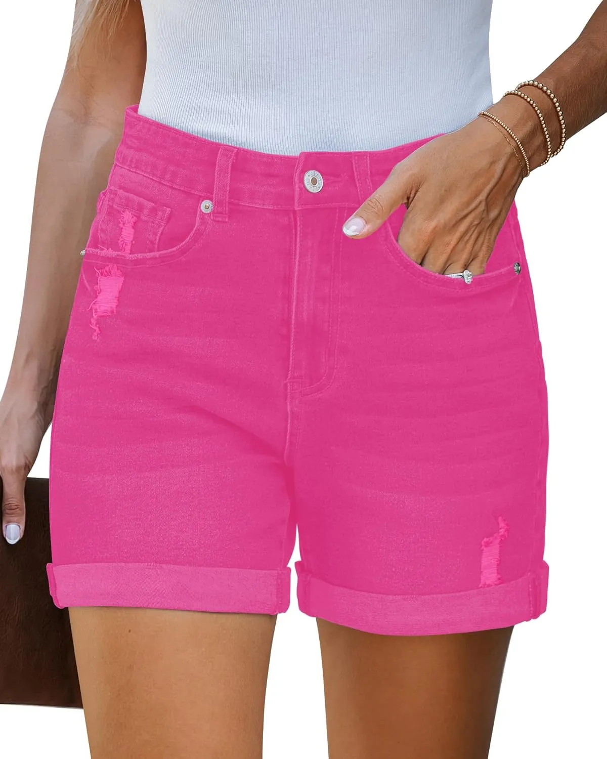 LookbookStore Jean Shorts Womens Stretchy High Waisted Ripped Denim Shorts with Pockets Trendy Distressed Cut Off Shorts