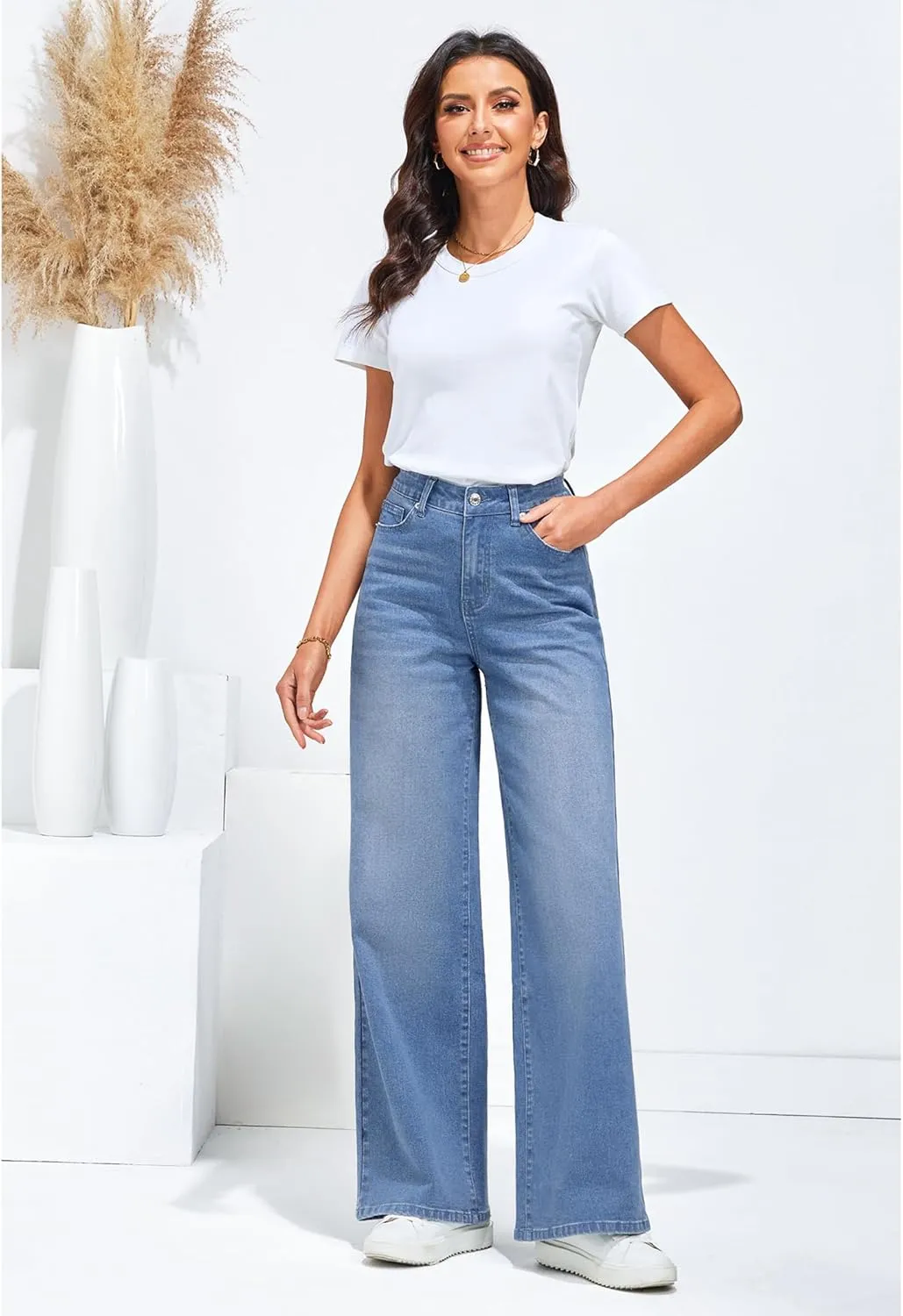 LookbookStore Wide Leg Jeans for Women High Waisted Stretchy Denim Jeans Fashion Baggy Trouser Jean Pants with Pockets