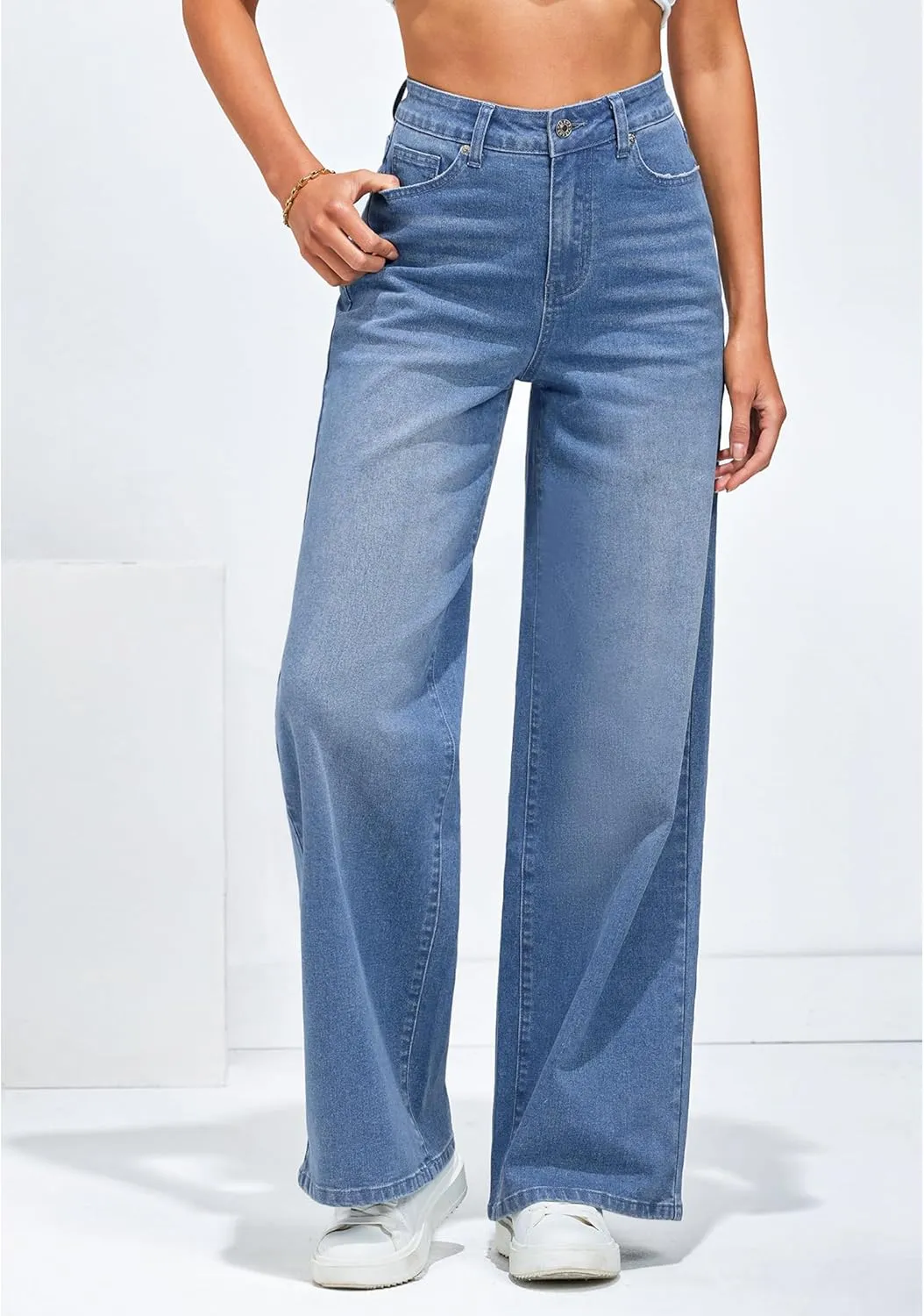 LookbookStore Wide Leg Jeans for Women High Waisted Stretchy Denim Jeans Fashion Baggy Trouser Jean Pants with Pockets