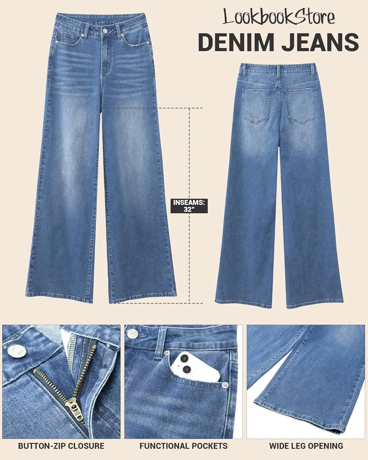 LookbookStore Wide Leg Jeans for Women High Waisted Stretchy Denim Jeans Fashion Baggy Trouser Jean Pants with Pockets