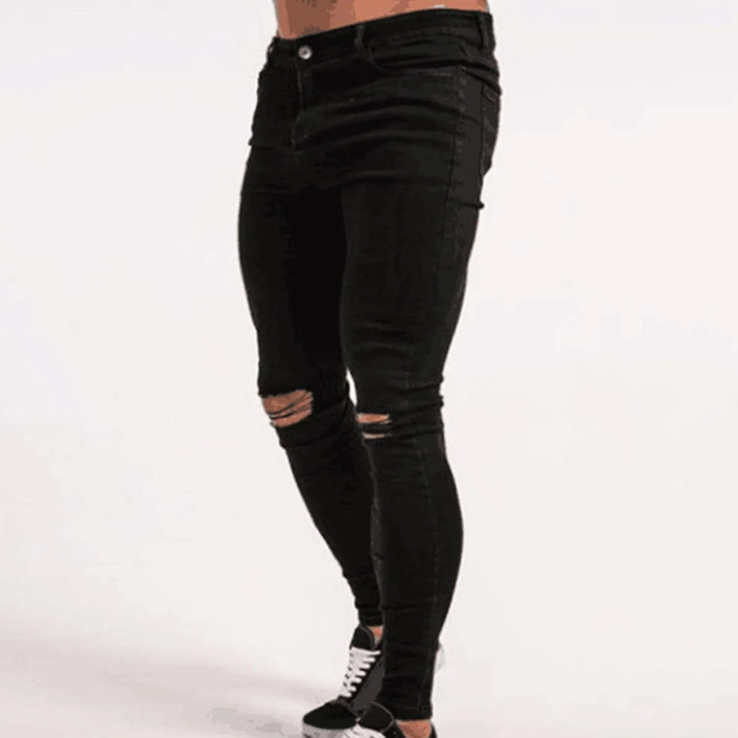 Loose Elastic Waist Jeans Street Frayed Pants Distressed Rip Trousers Middle Waist Denim Long Pants Men's Stretch