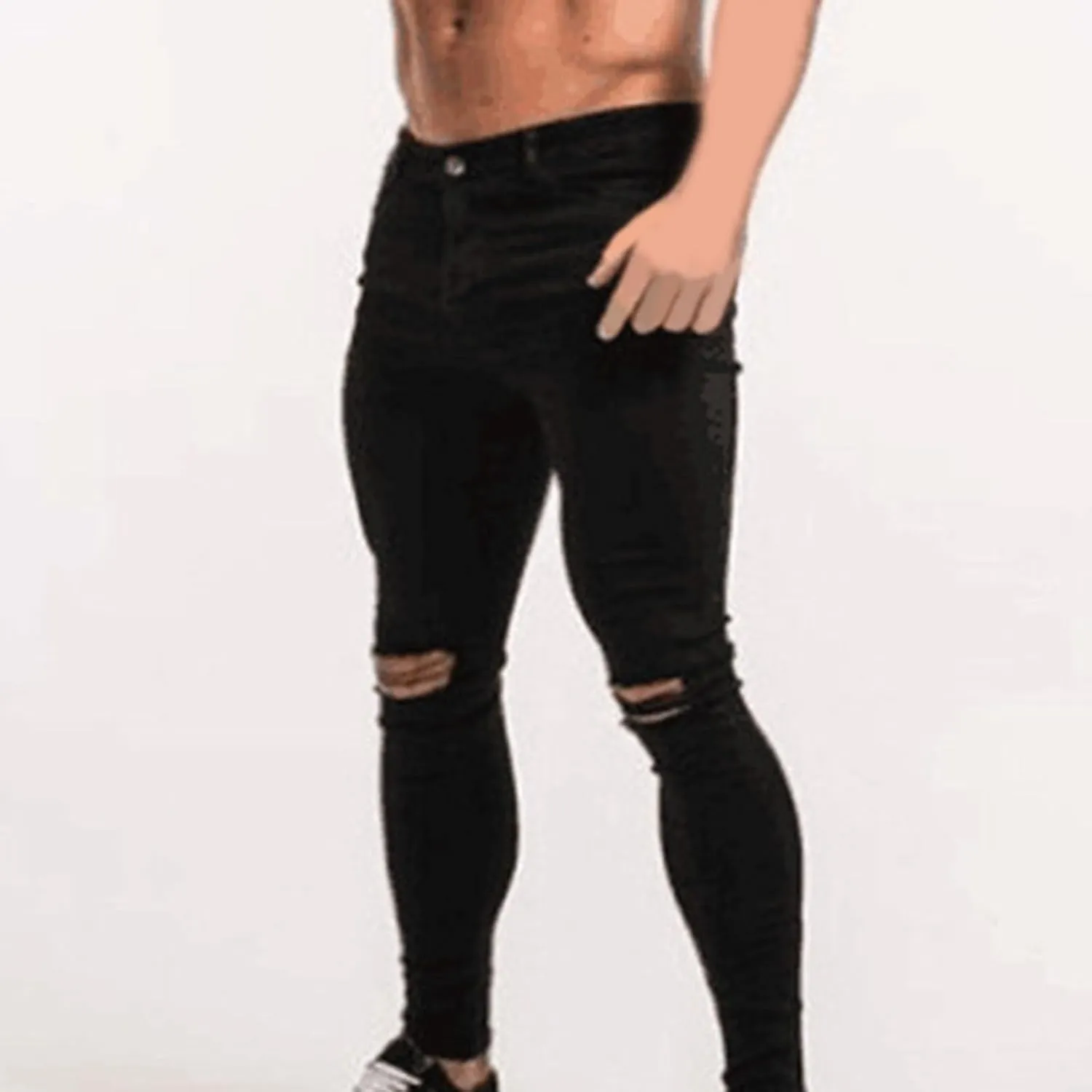 Loose Elastic Waist Jeans Street Frayed Pants Distressed Rip Trousers Middle Waist Denim Long Pants Men's Stretch