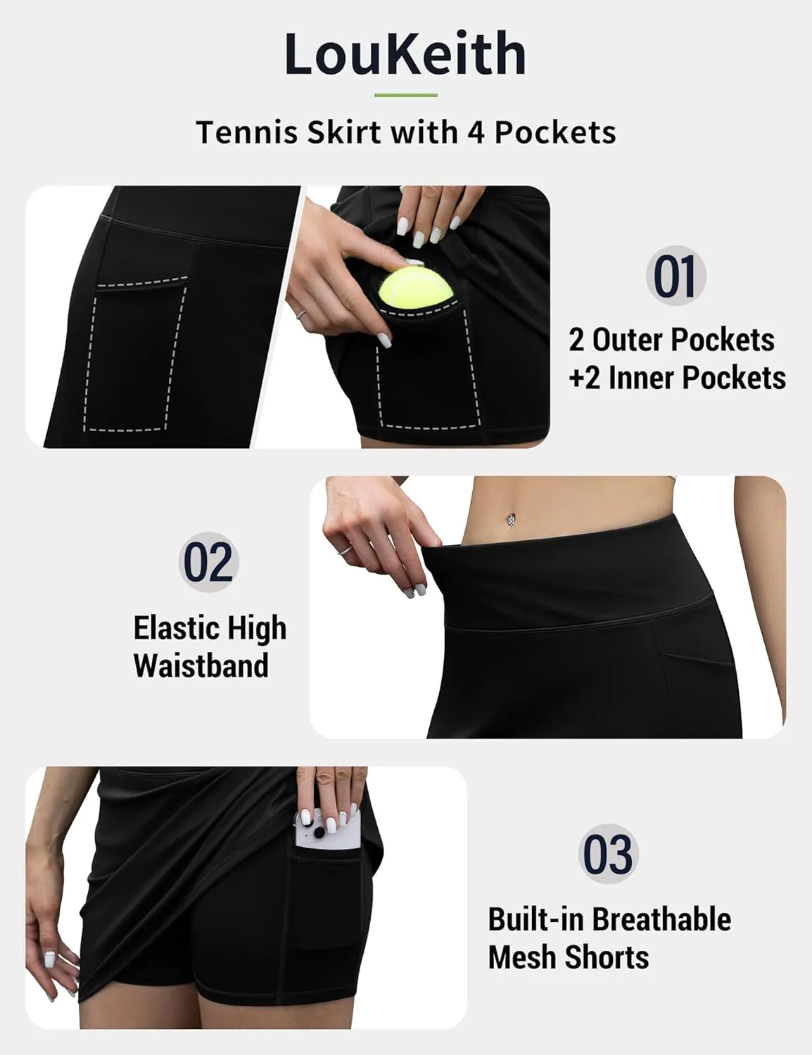 LouKeith Tennis Skirt with Shorts High Waisted Golf Skirts Dressy Casual Workout Athletic Skorts for Women with 4 Pockets