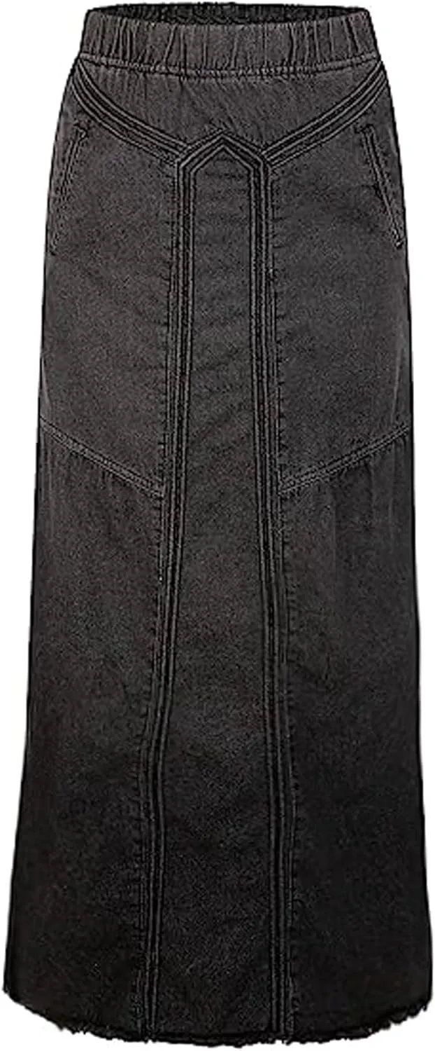 loveimgs Women's Vintage Frayed Hem A Line Long Maxi Skirt Distressed Elastic High Waist Retro Jeans Skirt