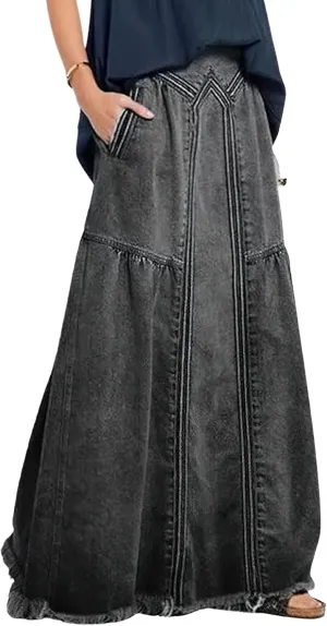 loveimgs Women's Vintage Frayed Hem A Line Long Maxi Skirt Distressed Elastic High Waist Retro Jeans Skirt