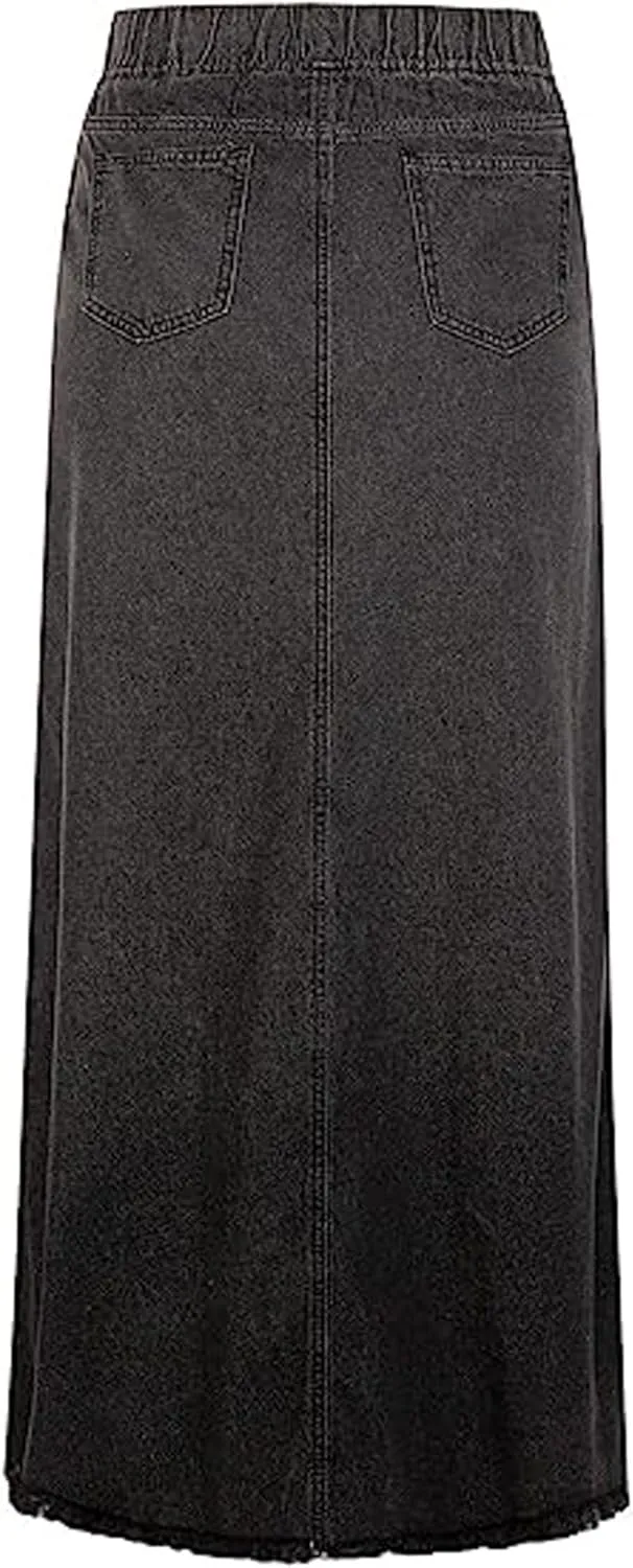 loveimgs Women's Vintage Frayed Hem A Line Long Maxi Skirt Distressed Elastic High Waist Retro Jeans Skirt