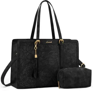 LOVEVOOK Laptop Bag for Women Vintage Leather Laptop Tote 15.6 inch Large Capacity Computer bag with Clutch Purse for Work