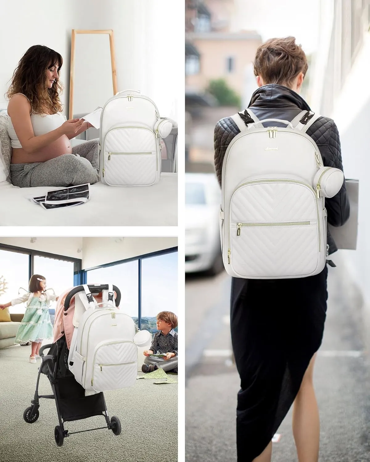 LOVEVOOK Leather Diaper Bag Backpack, Quilted Baby Bag with Changing Pad & Pacifier Holder, Waterproof Travel Diaper Bags for Baby Boys Girls, Stylish and Large Capacity, Beige