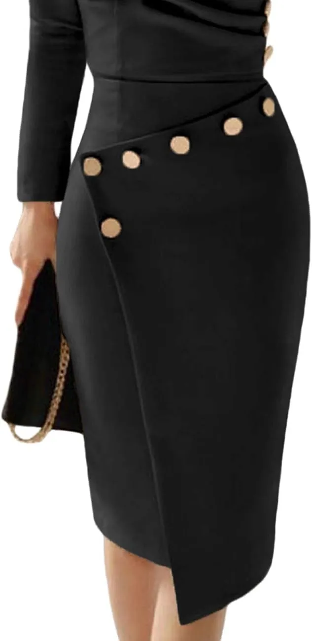 Lrady Women's Deep V Neck Casual Work Bodycon Cocktail Party Pencil Midi Dress