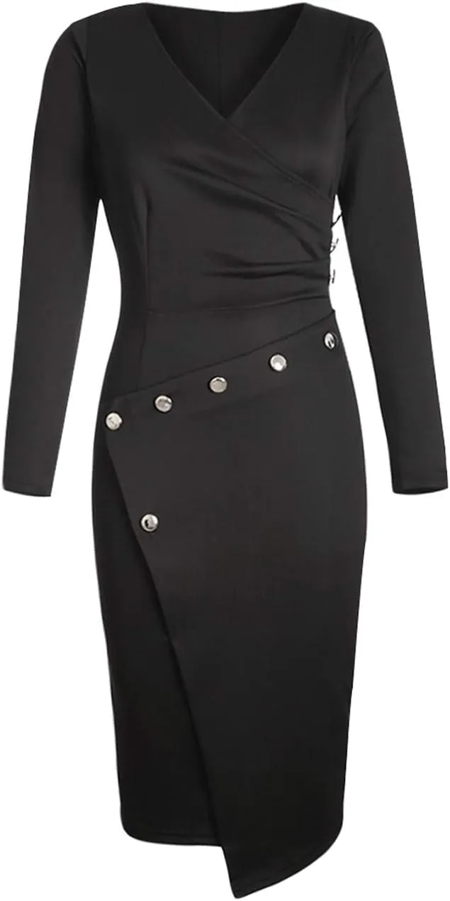 Lrady Women's Deep V Neck Casual Work Bodycon Cocktail Party Pencil Midi Dress