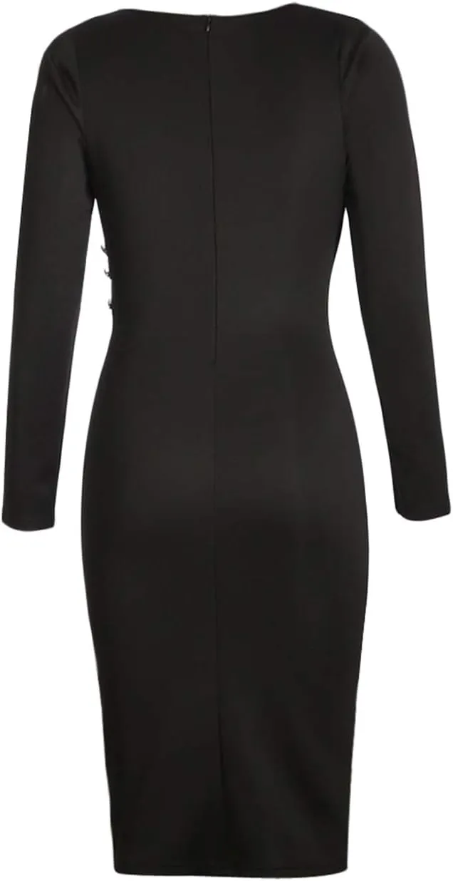 Lrady Women's Deep V Neck Casual Work Bodycon Cocktail Party Pencil Midi Dress