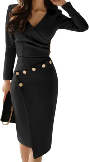 Lrady Women's Deep V Neck Casual Work Bodycon Cocktail Party Pencil Midi Dress